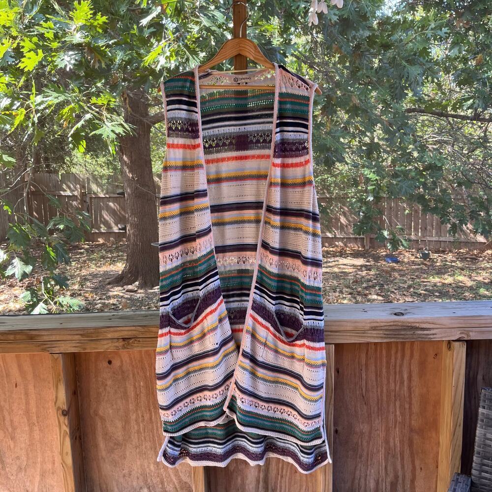 Democracy Women's Colorful Sleeveless Striped Longline Open Cardigan Size 2X
